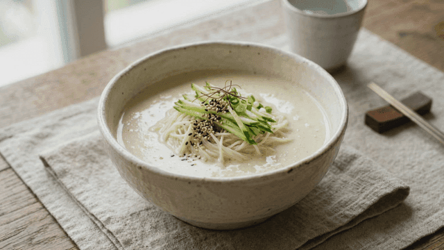 Bowl of soybean noodle soup topped with cucumber.