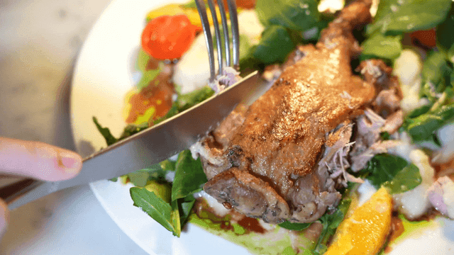 Knife for cutting roasted duck confit and vegetables
