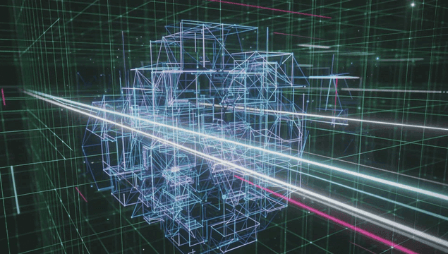 Digital grid with neon lines and shapes