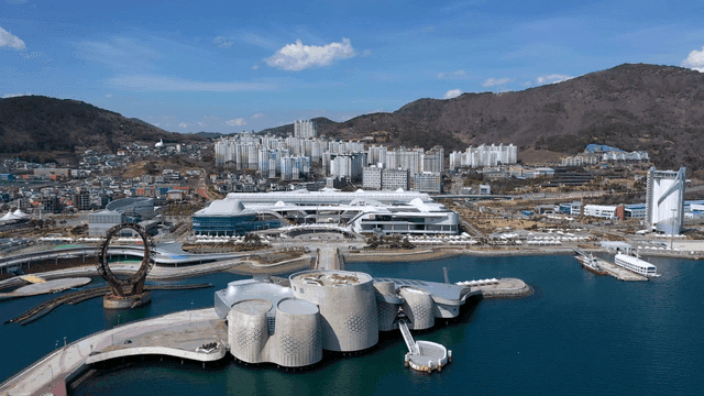 Modern cityscape with waterfront buildings