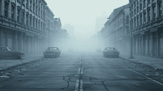 Foggy city street with old buildings