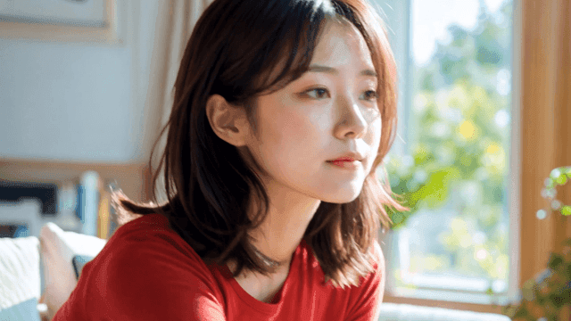 Woman wearing red T-shirt and concentrating