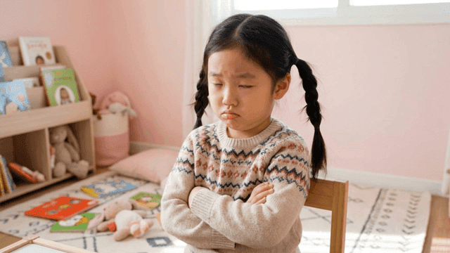 Angry-looking girl with pigtails in playroom