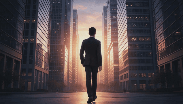 Back of a man walking between tall buildings in the evening