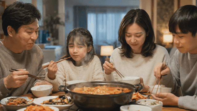 김치찌개와 함께 식사를 즐기는 가족