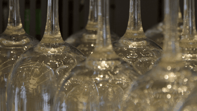Rows of wine glasses in a dimly lit setting