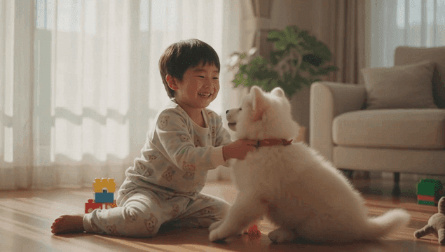 Child playing with a fluffy puppy in living room