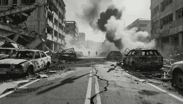 연기가 피어오르는 황폐한 거리