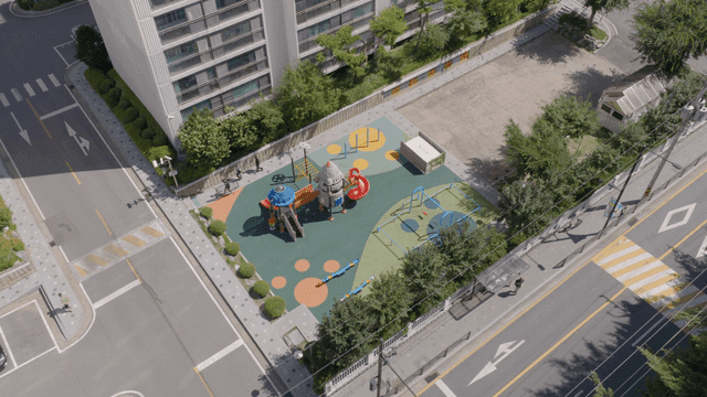 Aerial view of a colorful playground in a city