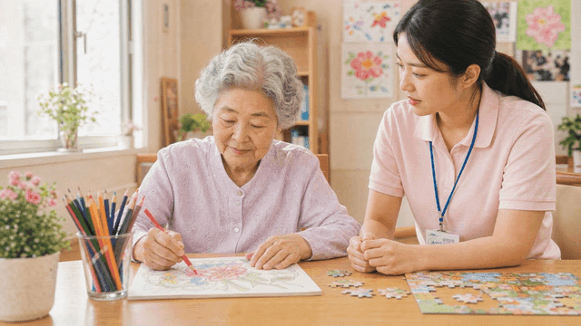 Caregiver and elderly person coloring with colored pencils