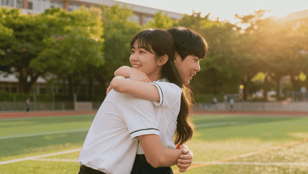 맑은 날 운동장에서 선물을 주고받는 고등학생 커플