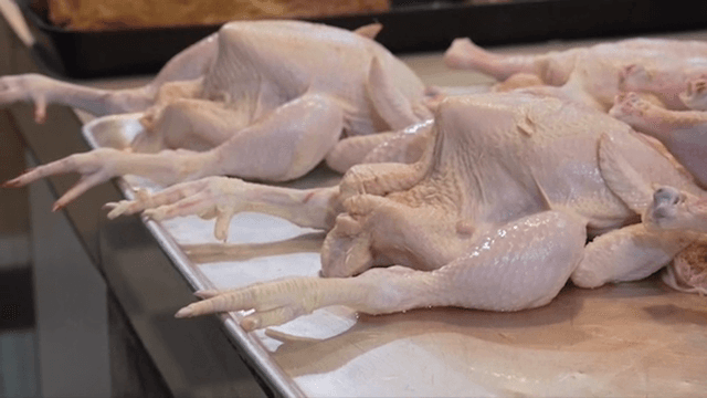 주방의 금속 쟁반 위에 놓인 생닭