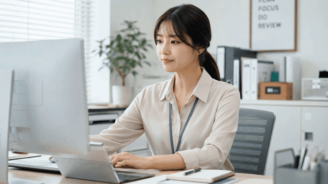 Woman working at desk while drinking coffee