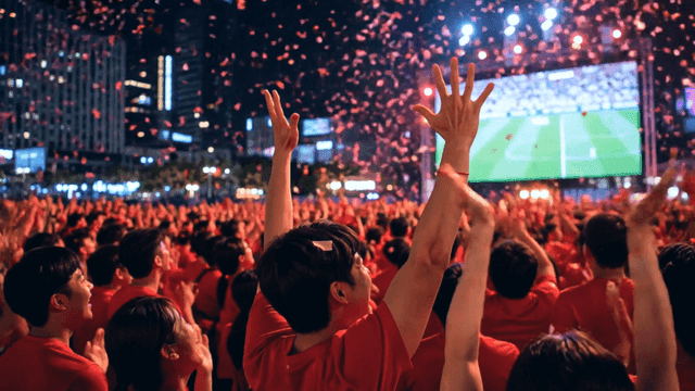 Crowd cheering for soccer on large screen