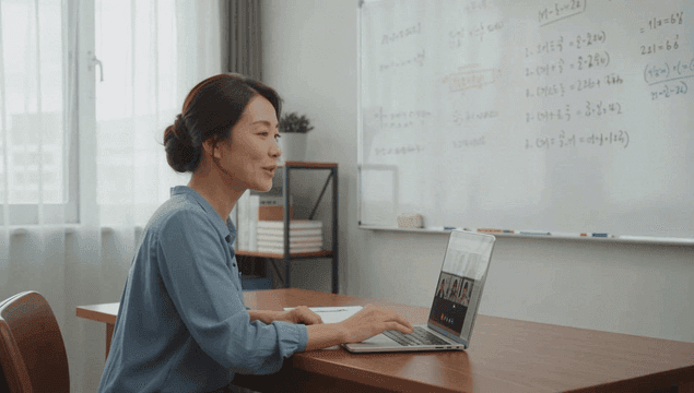 초등학생들에게 온라인으로 수업하는 선생님