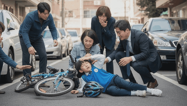 차도에서 자전거를 타다 넘어진 남자 어린이