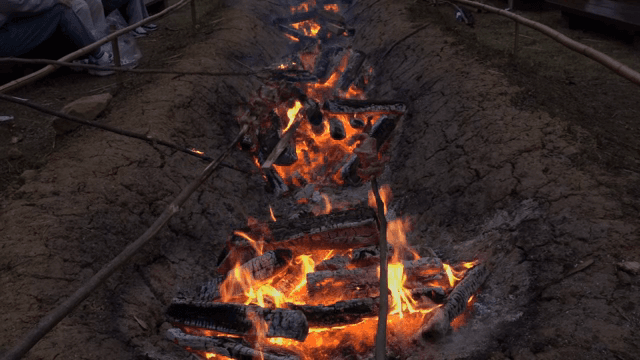Outdoor barbecue with logs and flames