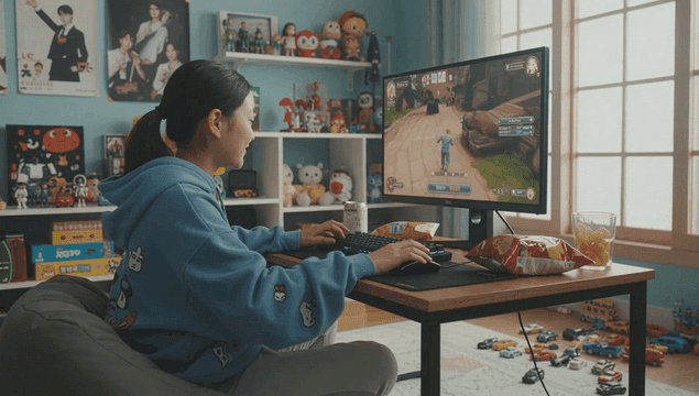 Girl playing computer games in her room