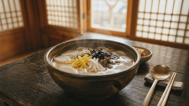 Steaming bowl of tteokguk on table