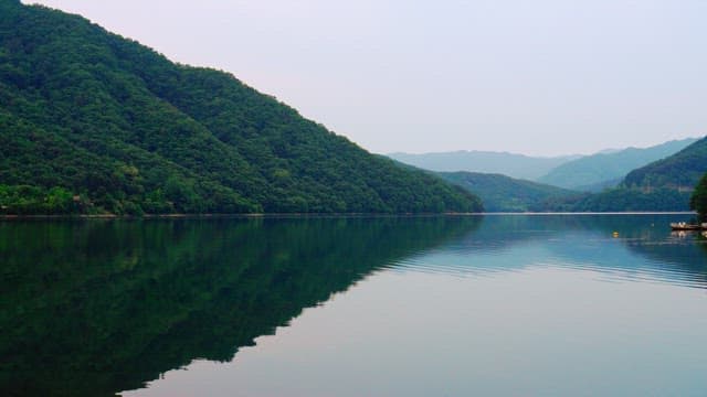 Calm lake surrounded by lush green mountains