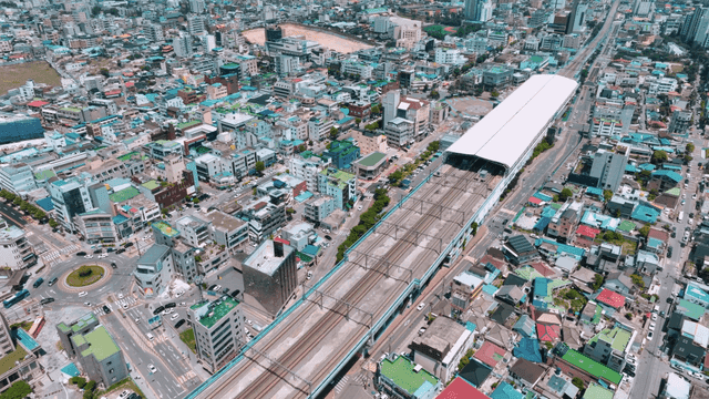 Bustling city with railway station