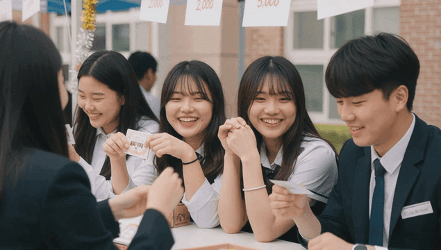 Students enjoying school festival booths