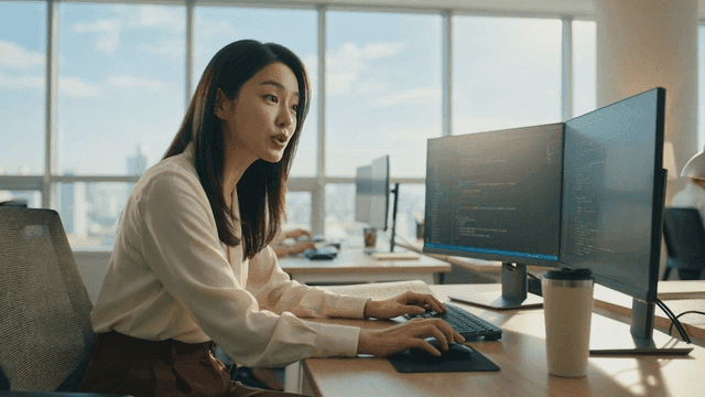Office worker explaining code at desk