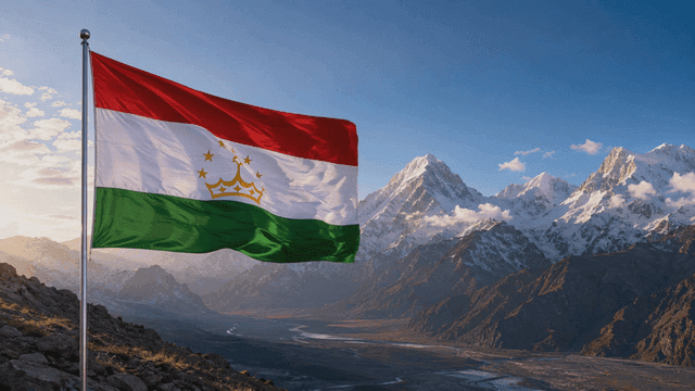 Tajikistani flag fluttering in front of majestic mountain