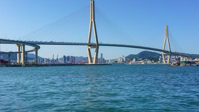 Busy Busanhangdaegyo Bridge and serene sea from day to night