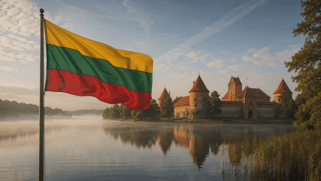 Castle by lake with Lithuanian flag flying.