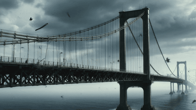 Large suspension bridge collapsing over sea