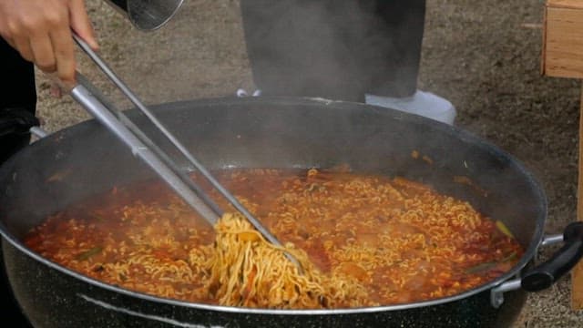 Spicy Jjamppong Ramen cooked in a large pot