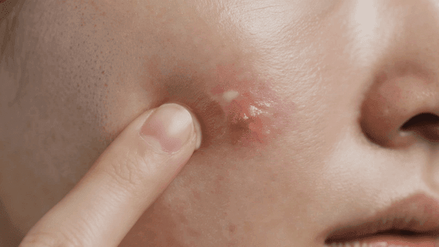 Hand of person applying acne ointment