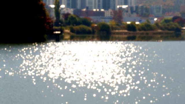 Baegunhosu Lake sparkling in the sunlight, surrounded by buildings and nature