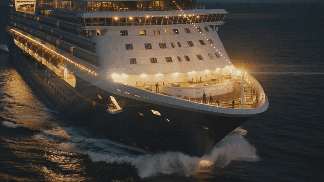 Luxury cruise ship sailing at twilight.
