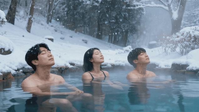 눈 내리는 노천 온천에서 휴식