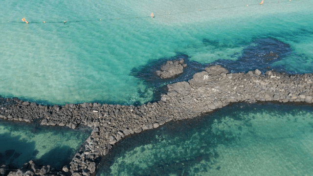 맑은 청록색 물과 바위 해안선