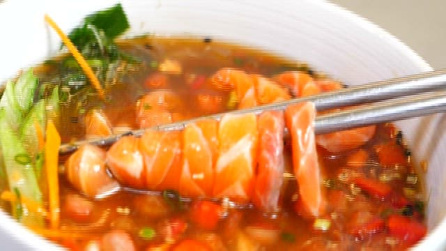 Delicious Salmon Tomato Noodles in a Bowl