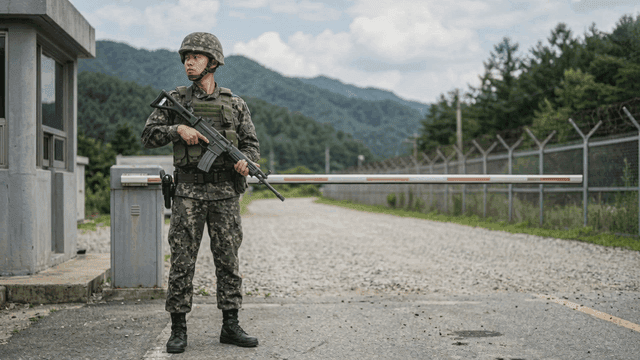Soldier standing guard at checkpoint