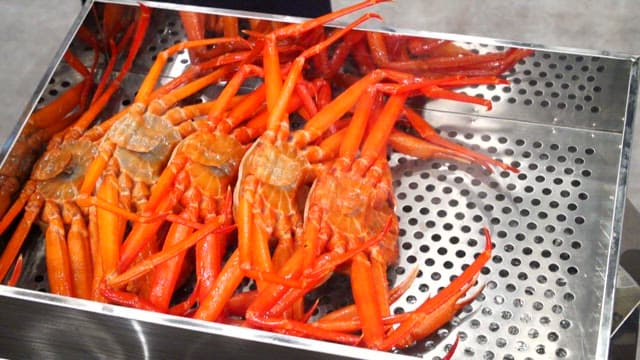 Fresh crabs being prepared in a steamer