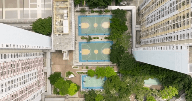 고층 건물로 둘러싸인 농구 코트