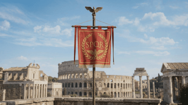 Roman flag with the Colosseum in the background