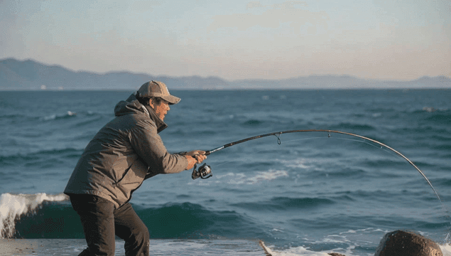Man fishing in rough sea