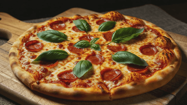 Freshly baked pepperoni pizza topped with basil