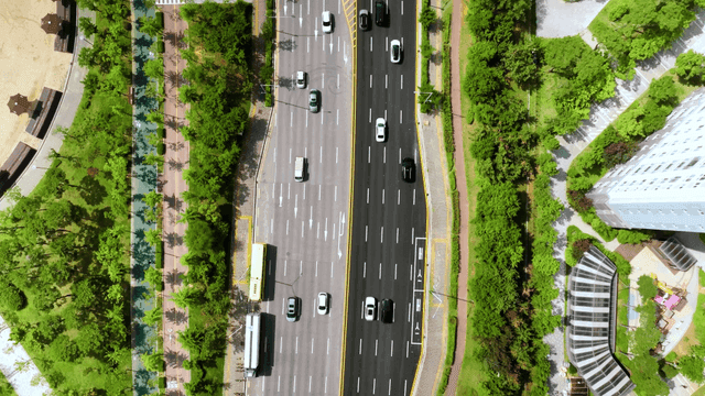 Aerial view of a city road and park