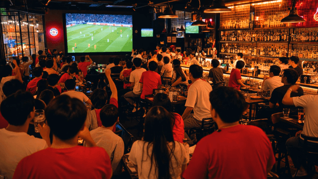 Lively pub packed with people watching soccer match