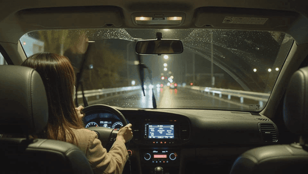 비 오는 밤 도로에서의 드라이브