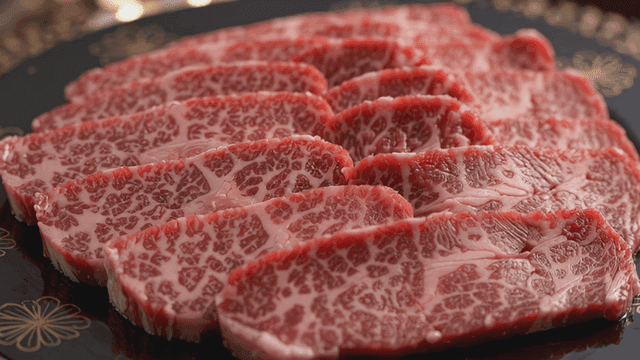 Slices of marbled beef on a decorative plate