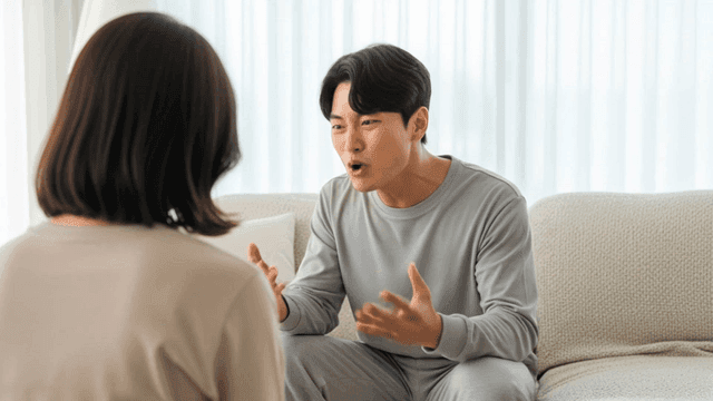 Man speaking angrily on sofa