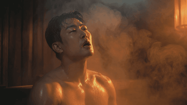 Man sweating in steam-filled sauna.